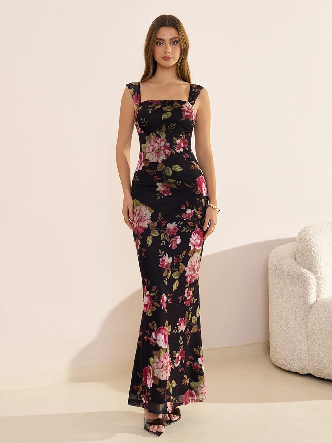 EYNMIN Women's Summer Floral Maxi Dress Square Neck Sleeveless Mesh Bodycon Long Wedding Guest Dresses - Image 5