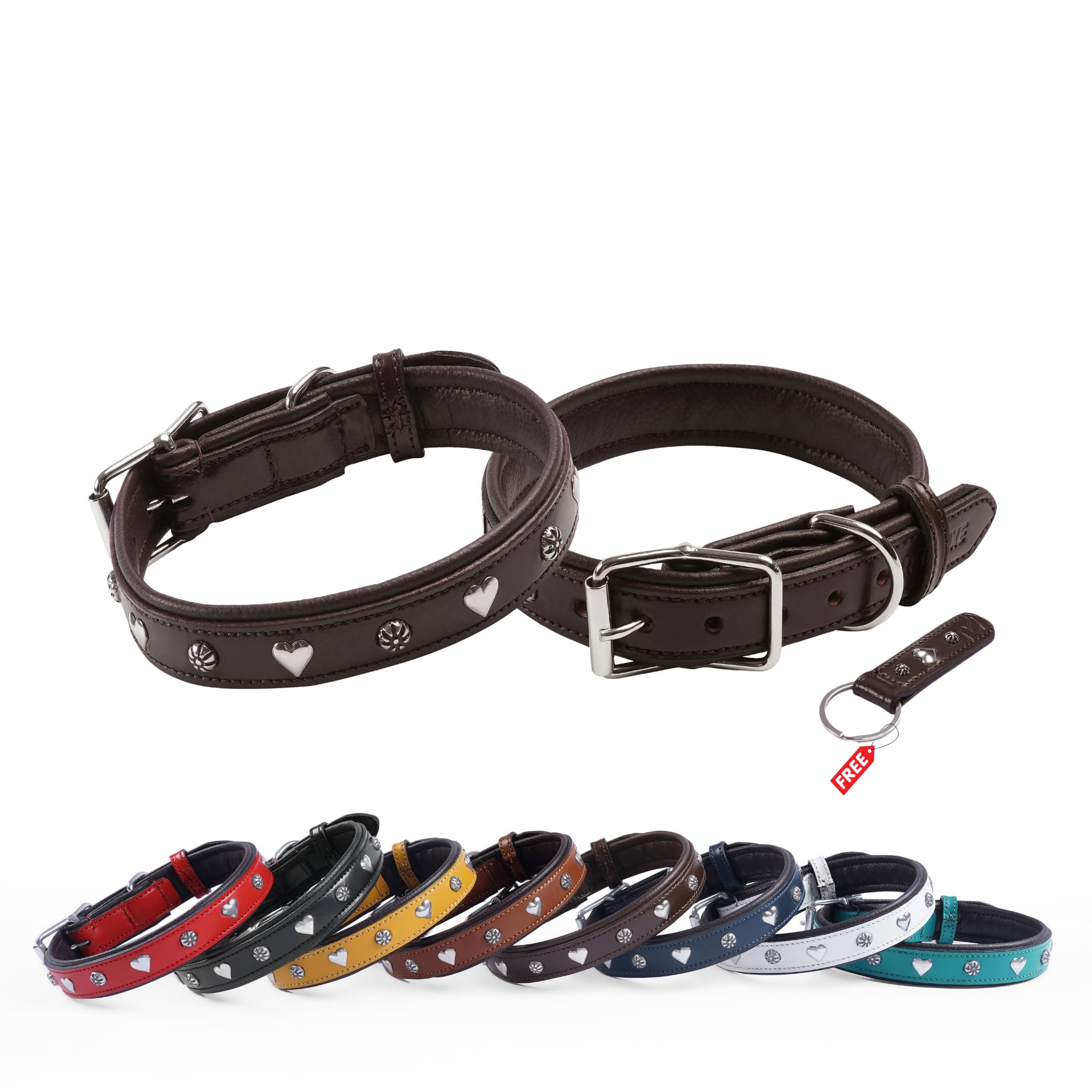 REDLUXE Genuine Leather Dog Collar with Heart Studs, Soft Padded Adjustable Pet Collar for Small, Medium & Large Dogs, Heavy Duty Metal Buckle (BROWN, M)