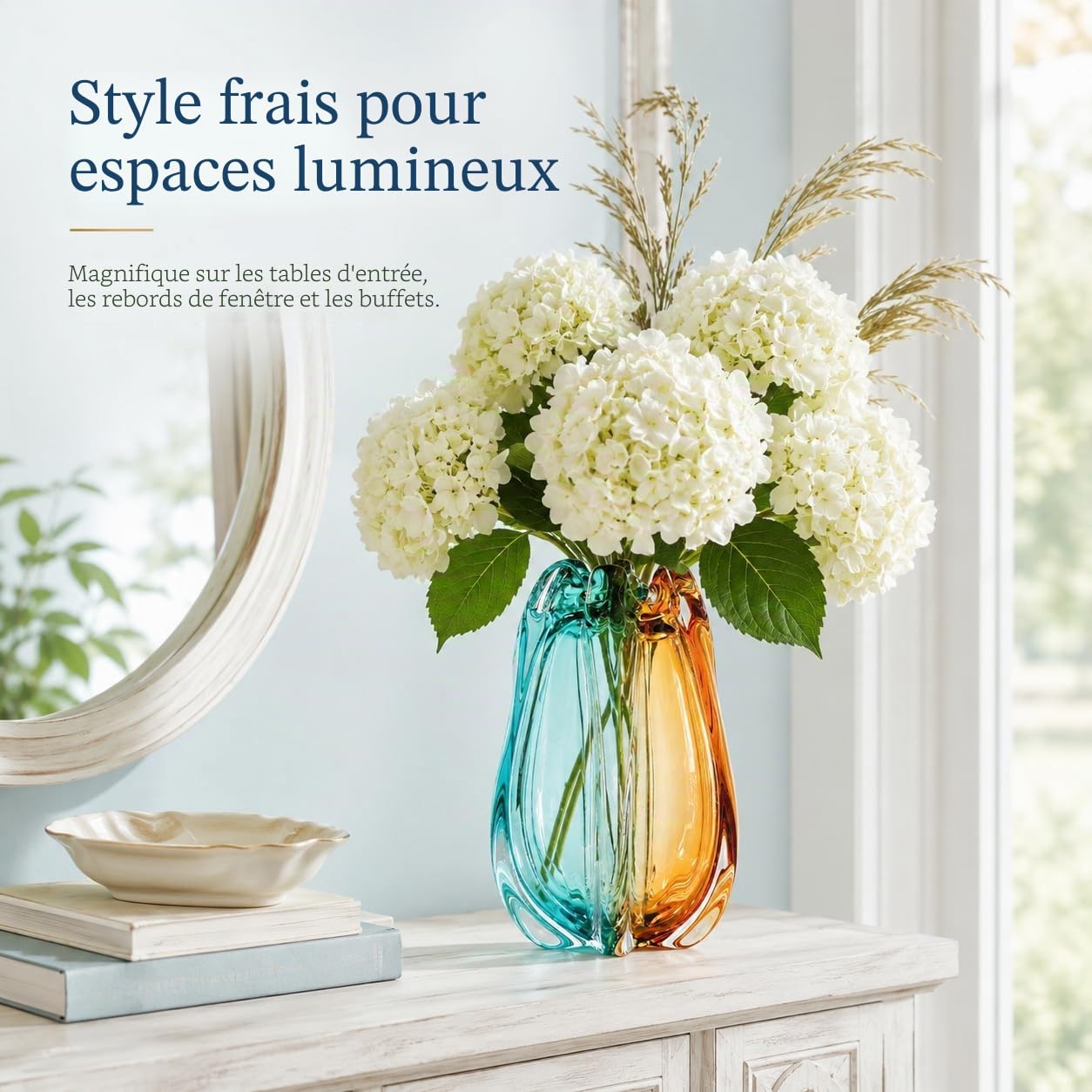 Vase décoratif en Verre d'art soufflé à la Main — Grand Vase à Fleurs Lourd et à Large Ouverture — Style Art déco (Murano) : Teinte Sarcelle et Ambre (19cm)