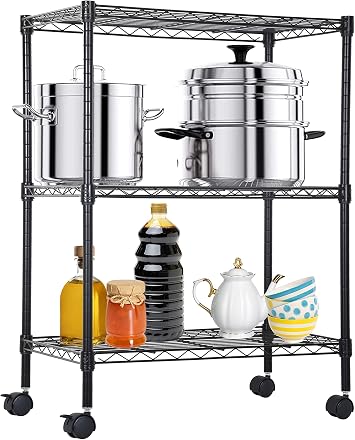 3 Tier Storage Shelves, Garage Shelving with Wheels and Adjustable Feet, Height Adjustable Metal Shelving, Wire shelving for Storage Pantry Shelf, Garage or Bakers Rack Kitchen, 23"Lx13"Wx32"H, Black