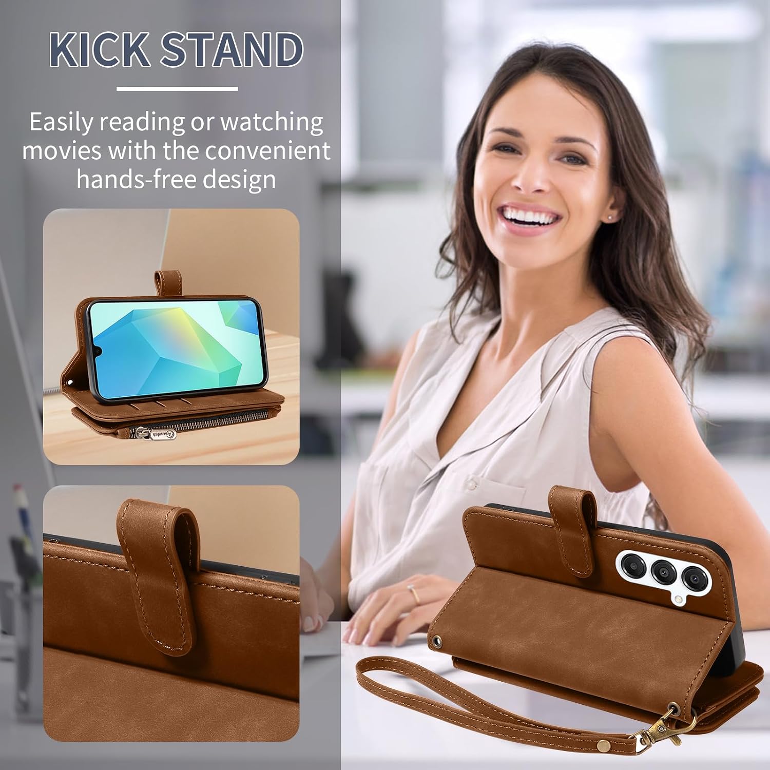 Asuwish Phone Case for Samsung Galaxy A16 5G/4G Zipper Wallet Cell Cover with Tempered Glass Screen Protector Crossbody Wrist Strap Flip Credit Card Holder Purse Slot A 16 16A SM-A166U Women Men Brown