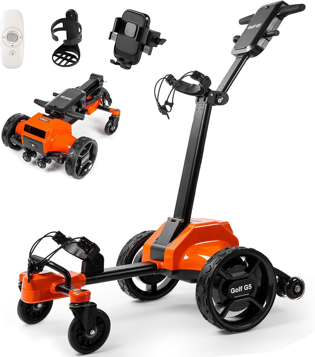 Carrito de golf eléctrico tianhong G5, carrito de golf eléctrico con seguimiento automático, batería de 45 agujeros, antivuelco todo terreno, carrito de golf eléctrico con control remoto (aplicación/control manual), plegable, negro+naranja