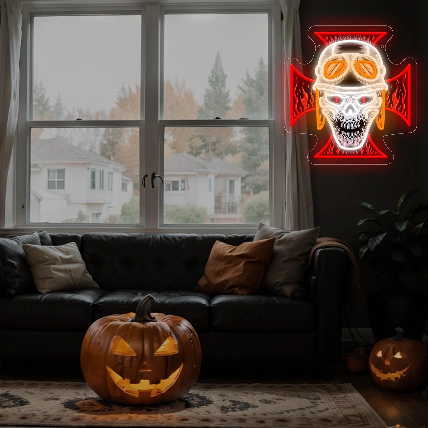 The Skull and the Ghosts of History LED Neon Signs for Wall Decor,Skull & Cross with Flames Neon Lights for Home, Bar, Man Cave, Gothic Decor, Vintage Style Lighting