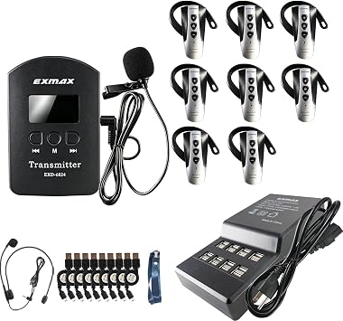 EXMAX EXD-6824 2.4G Hands-free Receiver Wireless Voice Transmission Tour Guide System 9999 Channel ID for Church Translation Wedding Presentations1 Transmitter 8 Receiver 16-port Charger Base