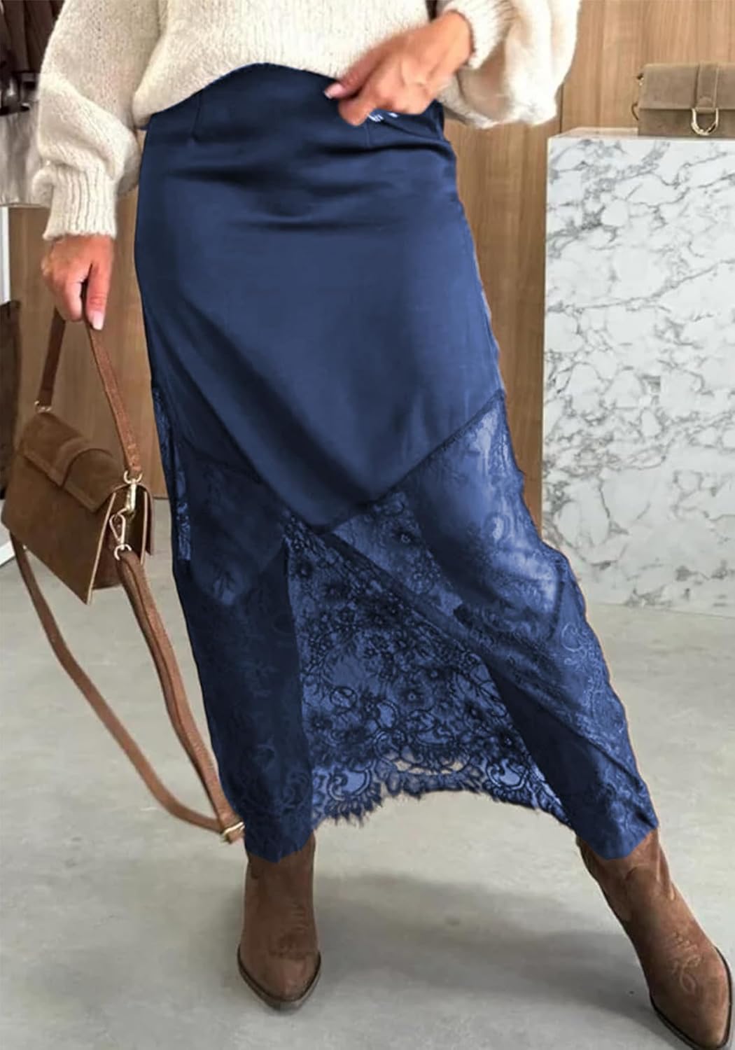 LETSVDO Women's Long Lace Skirts Satin Silky Elastic Waist Sheer Patchwork A Line Boho Maxi Skirt Going Out Party Skirt - Image 2