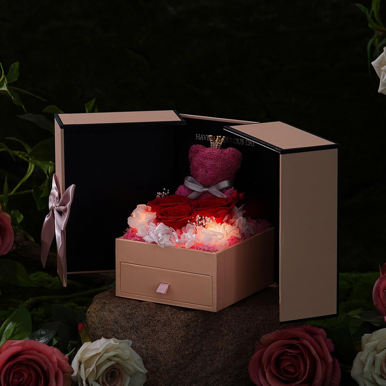 ADDWel Valentines Day Rose Gifts for Women, Preserved Eternal Roses Bear Gift Box with I Love You Necklace 100 Languages Romantic Forever Real Roses Gifts for Her Girlfriend Wife Mom Birthday Presents - Image 7