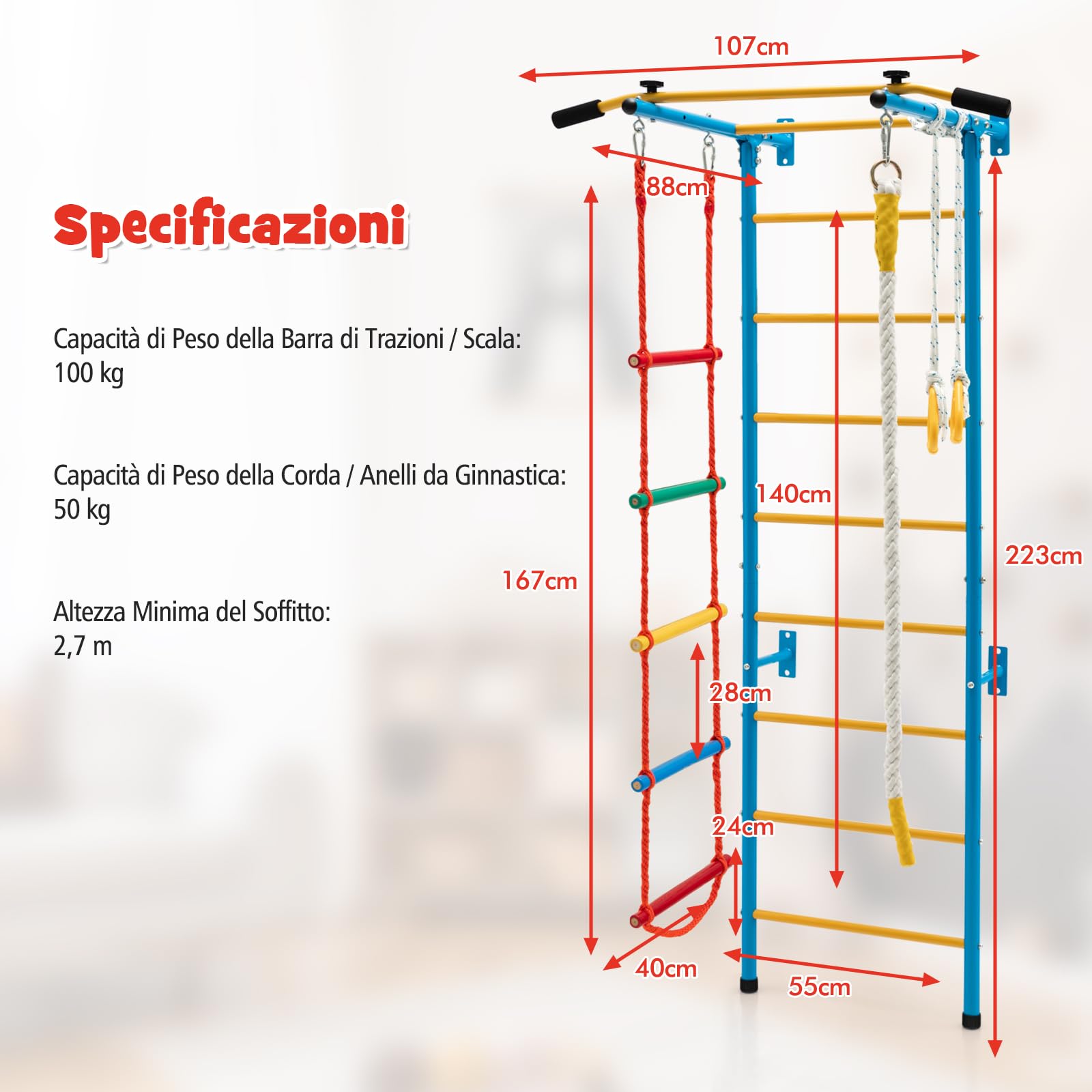 COSTWAY Set di Sbarre per Bambini, Spalliera in Acciaio da Parete per Interni, Sbarra per Trazioni, Scala a Corda, Corda e Anelli da Ginnastica per Bambini dai 3 Anni in su, 107 x 83 x 223 cm