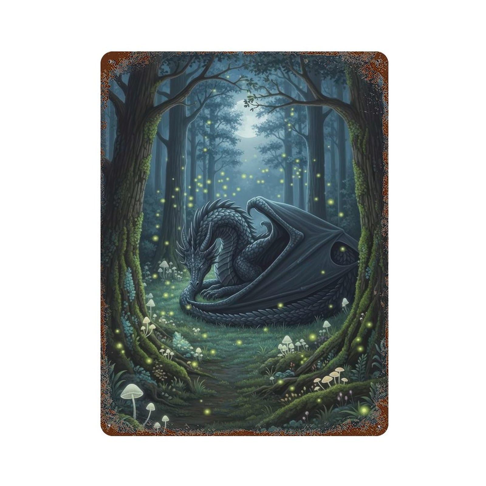 Dragon in Enchanted Forest Rusty Metal Tin Sign 15.7"x11.8", Ideal for Pub, Kitchen And Man Cave Decor
