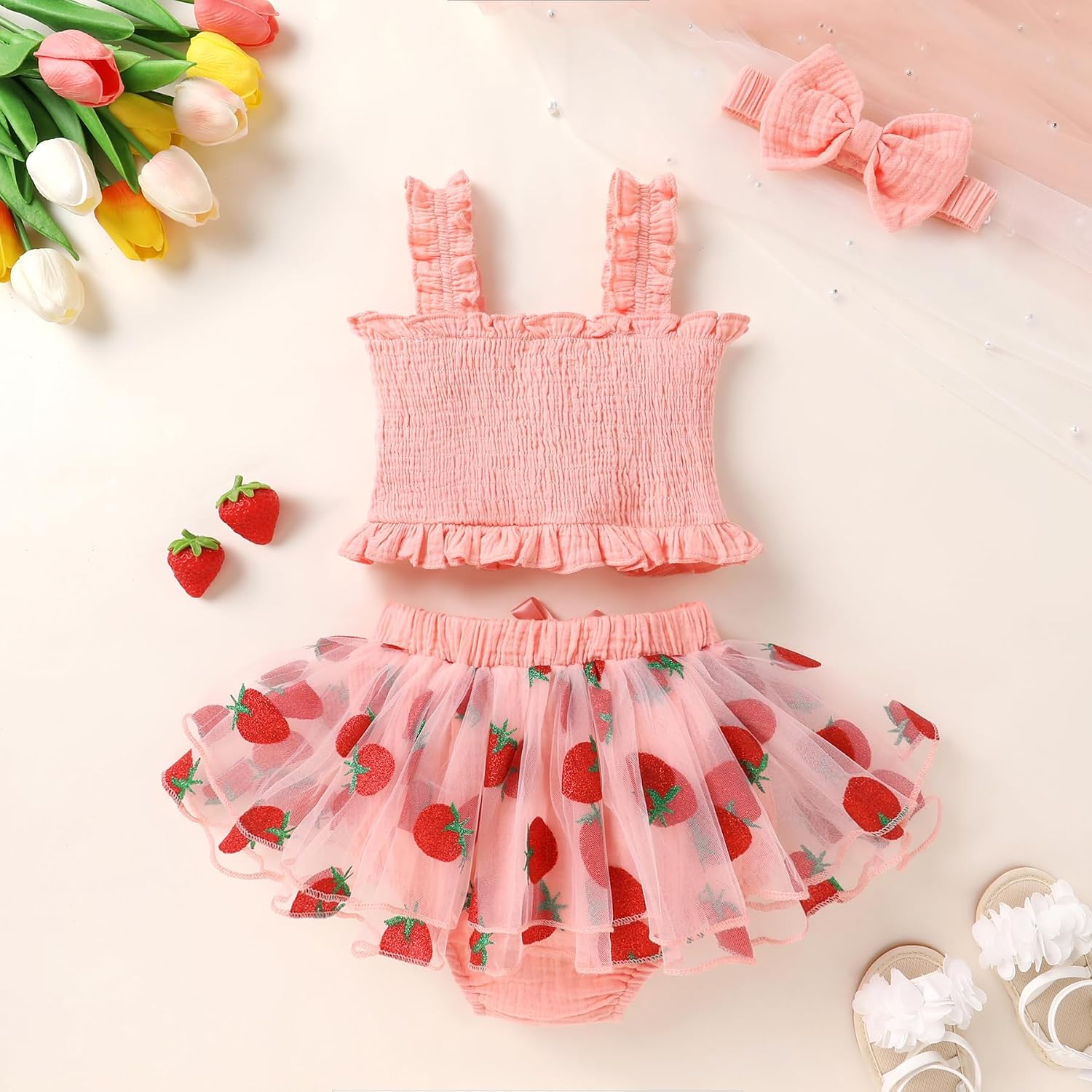 First Birthday Baby Girl Outfit Patterned Sleeveless Smocked Ruffle Top and Tutu Tulle Shorts Sets with Headband