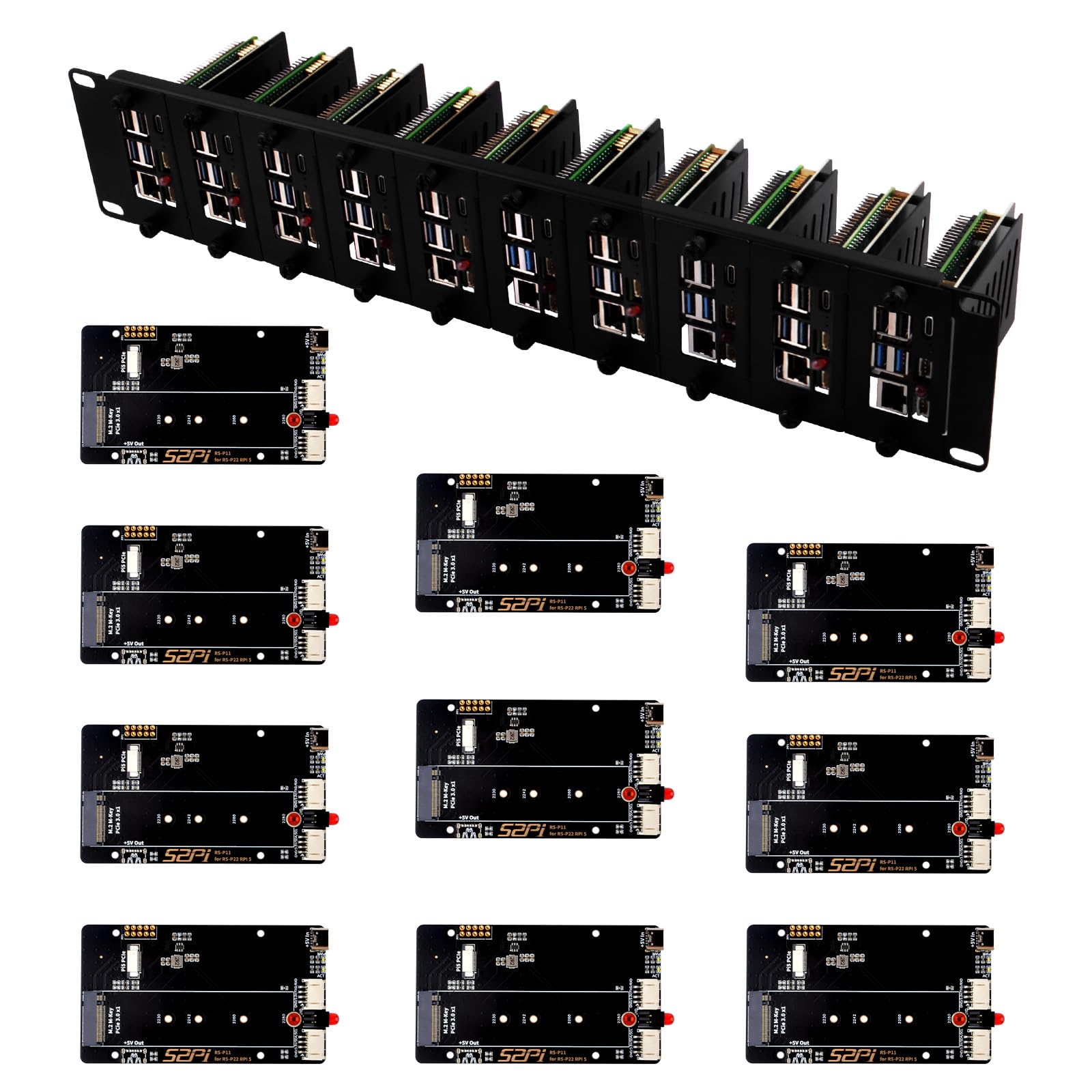 GeeekPi Supporto rack 2U da 19" per Raspberry Pi 5, con 10 adattatori SSD PCIe a M.2 NVMe, può contenere fino a 10 schede Raspberry Pi 5/4B, compatibile con server rack da 19"