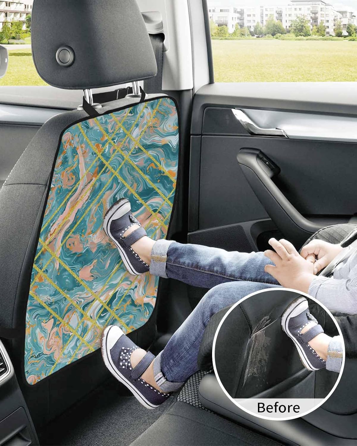 Car Seat Protector, 2 Pack Kick Mats Back Seat Protector Turquoise Marble Abstract Geometric Contemporary Art Waterproof Backseat Cover for Kids Universal Fit Automotive Interior Protectors