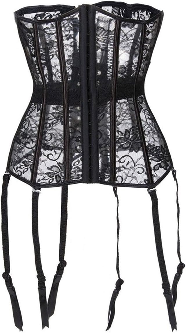 BLDF Women Black Lace up Erotic Suspenders Waist Trainer Mesh Floral Cincher Corset Shaperwear (S / 6 (Waist 24"-25.9"), Black)