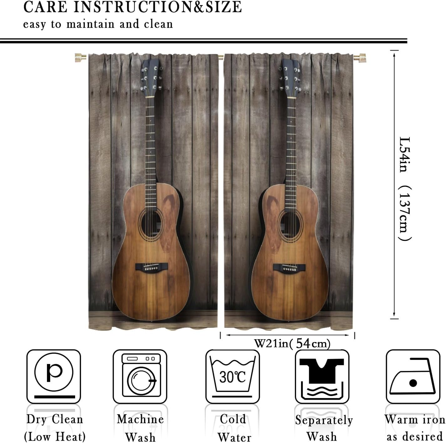 Vintage Wooden Board Guitar Curtains - Rustic Western Country Music Theme Guitar Thermal Insulated Blackout Curtains - Rod Pocket Window Treatment Drapes for Bedroom 2 Panels 54L x 21W