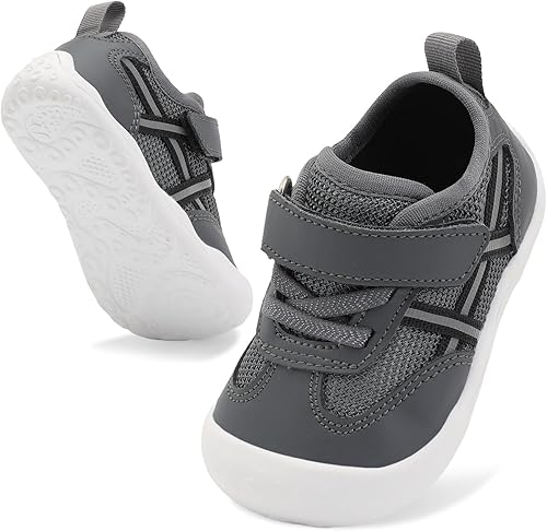 Scurtain Baby Shoes Boy Girl First Walking Shoe Infant Crib Breathable Sneakers Lightweight Barefoot Walking Shoes for Babies Grey Size 12-18 Months