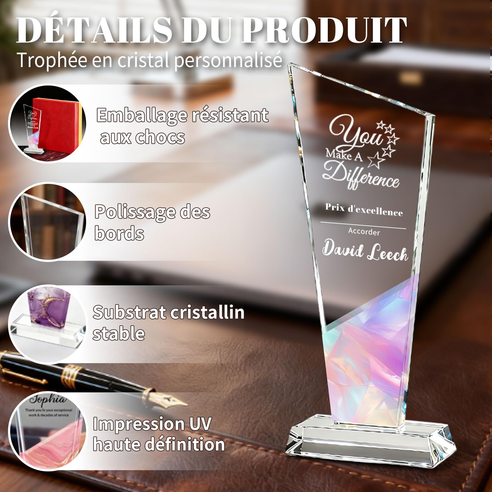 RSQGT Trophée Personnalisable en Cristal Gravé Logo et Texte Cadeau d'entreprise pour Récompense Employé, Reconnaissance, Départ à la Retraite et Cadeau pour Collègue - 5
