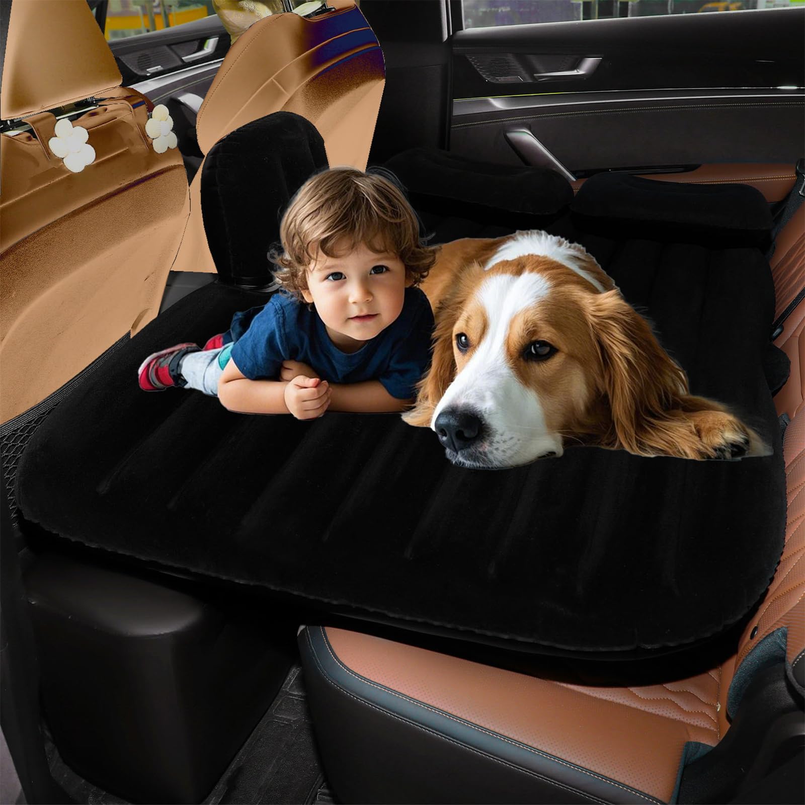 QDH Car Air Mattress Portable Car Bed Back Seat Camping Bed Inflatable Dog Bed for Car Universal SUV Camping Mattress with Car Air Pump 2 Pillows (Black)