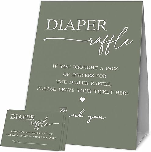Juegos de baby shower, 1 letrero de pie para rifas de pañales con 50 boletos para rifas de pañales, decoraciones y suministros para fiesta de baby