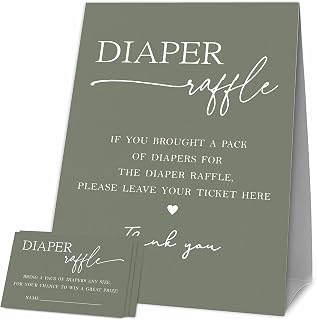 Baby Shower Games, 1 Diaper Raffle Standing Sign with 50 Diaper Raffle Tickets, Oliver Green Theme Babyshower Party Decorations and Supplies For Boys or Girls(LBLK-C04)