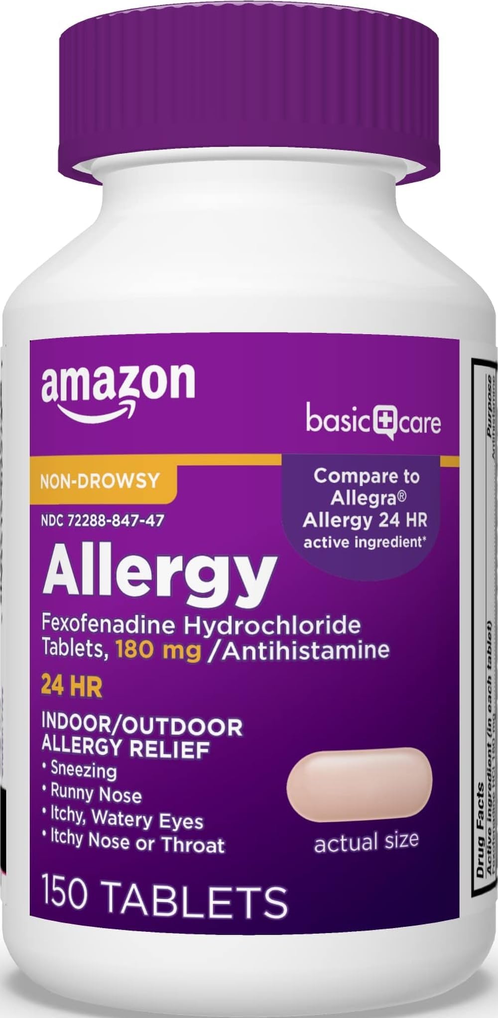 Amazon Basic Care All Day Allergy Relief, Fexofenadine Hydrochloride Tablets, 180 mg, Antihistamine, Non-Drowsy, 24-Hour Relief for Sneezing, Itchy Eyes, Runny Nose, Hay Fever, 150 Count