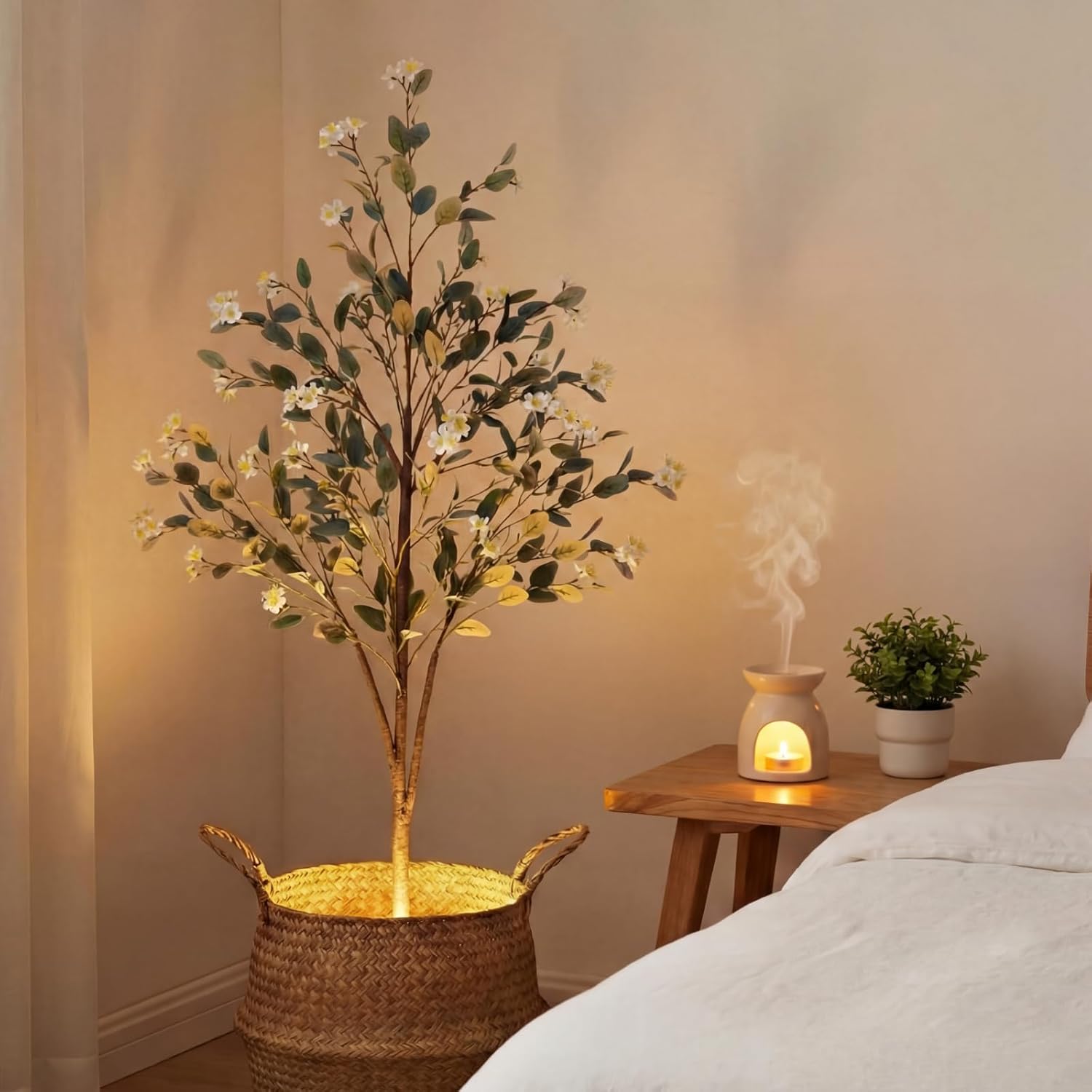 Daifunli 1 Pcs 5ft Artificial Eucalyptus Tree with Flowers Tall Faux Eucalyptus Stems Realistic Fake Bougainvillea Plants for Spring Porch Home Office Indoor Outdoor Decor (White)