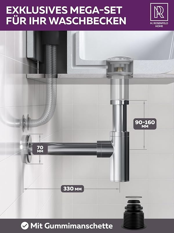 M. ROSENFELD HOME rozsdamentes szifoncsatorna 60-140 mm magasság, 330 mm cső, 1 1/4" fürdőszobai mosdóhoz