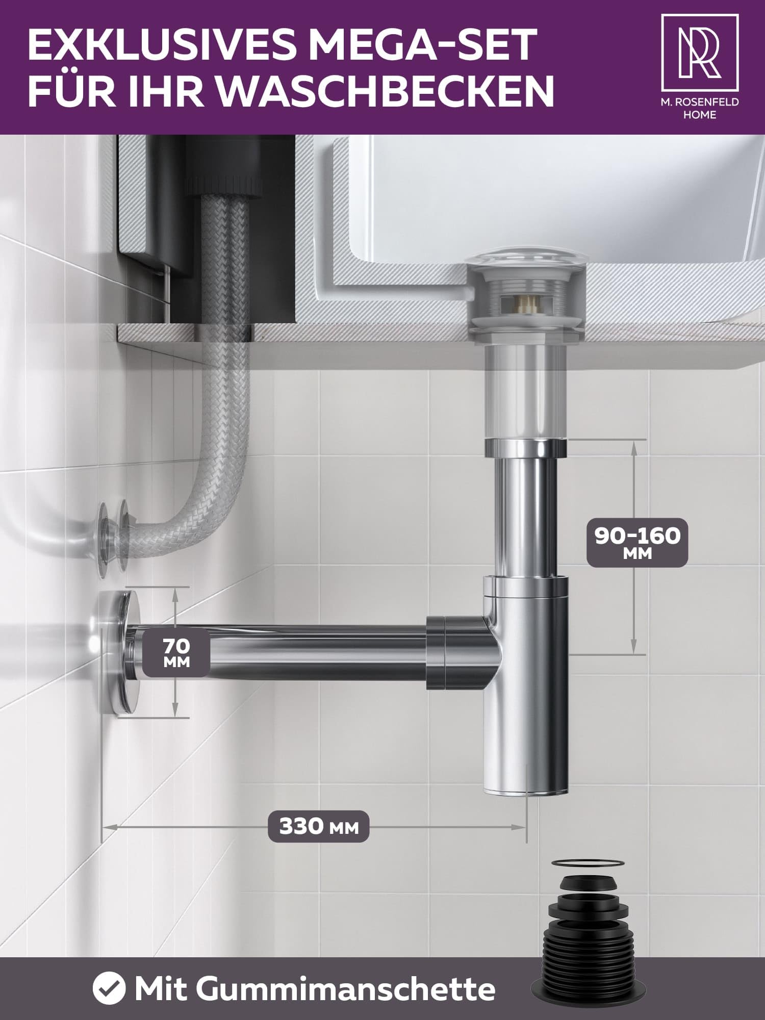 M. ROSENFELD HOME Design Siphon Waschbecken – Universeller Röhrensiphon 1 1/4" für Waschtisch, Geruchsverschluss & Abflussrohr, inkl. Dichtungen und Rosette
