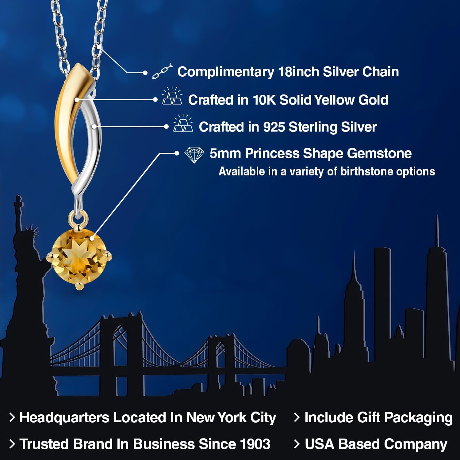 Gem Stone King 925 Silver and 10K Yellow Gold Yellow Citrine Pendant Necklace for Women | 0.45 Cttw | Gemstone November Birthstone | Round 5MM | With 18 Inch Silver Chain - Image 2