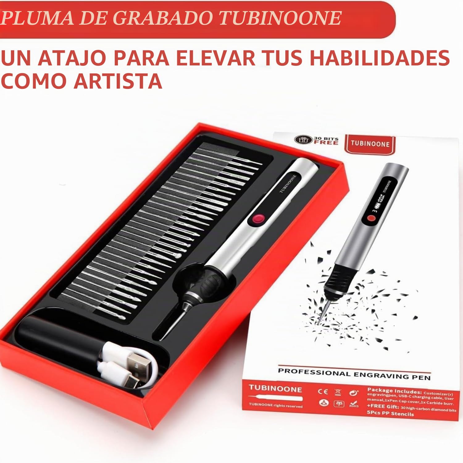 Bolígrafo de grabado, grabador portátil inalámbrico definitivo para artistas y aficionados al bricolaje, graba más de 50 superficies, apto para principiantes, recargable, 30 puntas gratuitas