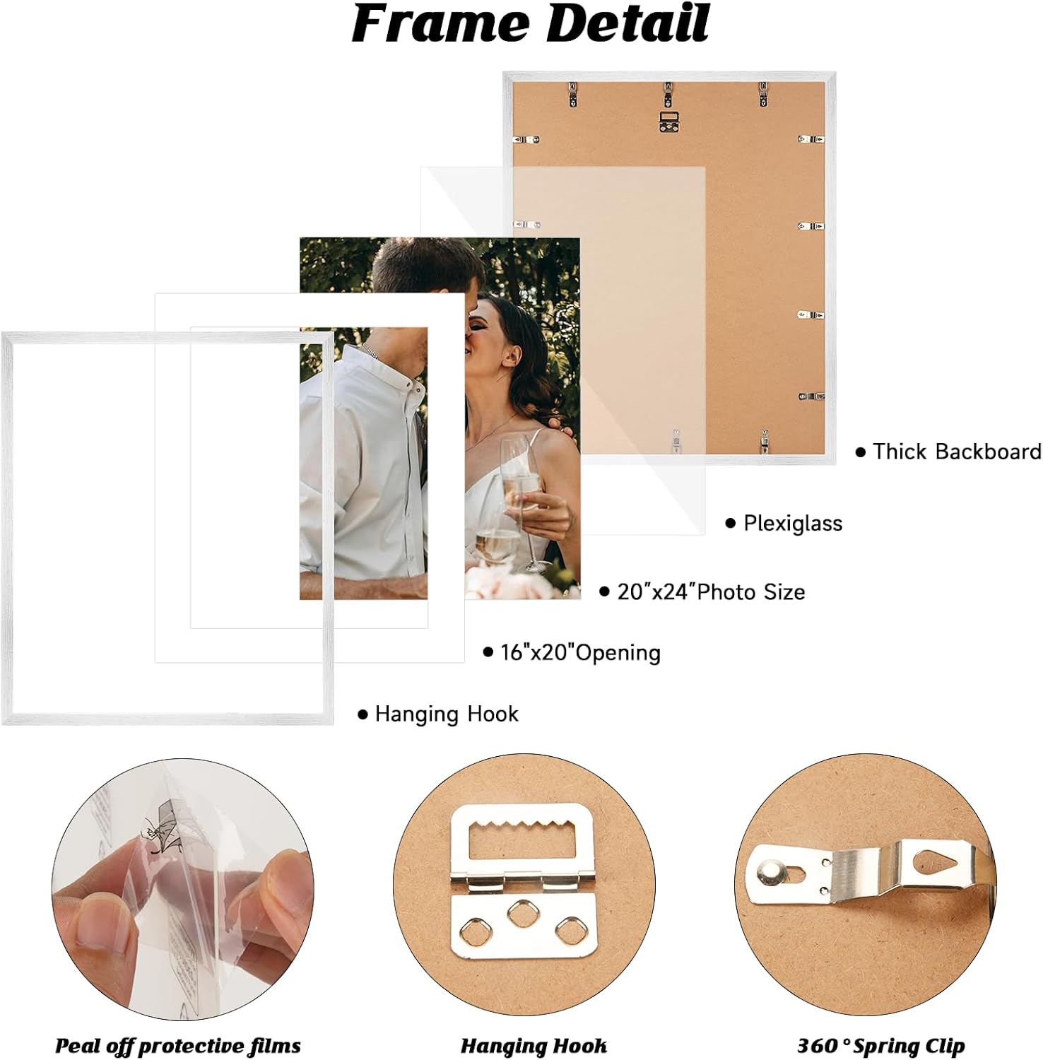 HLiWEGNS White 20x24 Frame Set of 3 - Rustic Woodgrain 20 x 24 Poster Frame for Pictures 16x20 with Mat or 20x24 Picture Frame Without Mat for Wall Gallery Display - Ideal Christmas Day