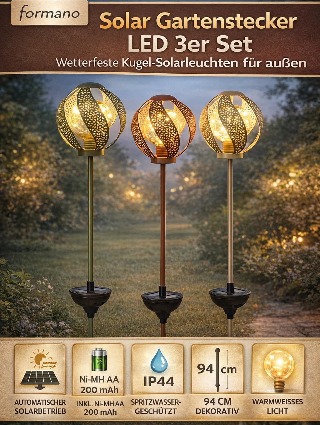 formano LED Gartenstecker Solar 3er Set Solarleuchten Kugel Metall mit Durchbruch und Erdspieß 94cm warmweißes Licht Wetterfetse IP44 Garten Deko außen, inkl. Akku