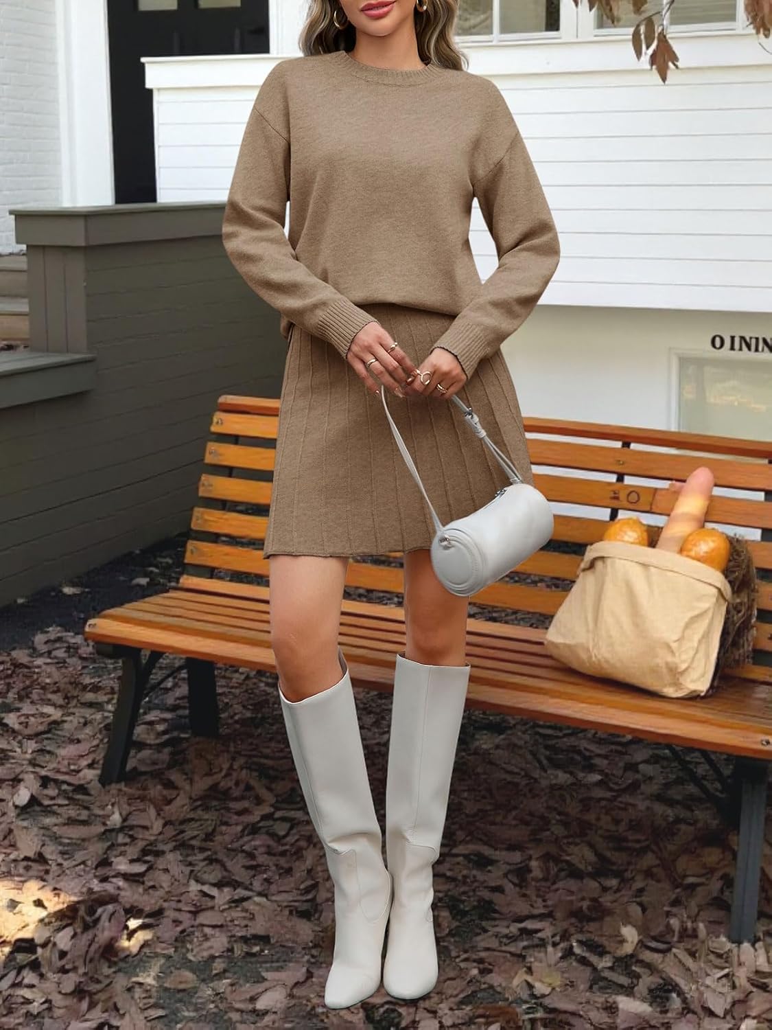 Tankaneo Womens Skirt 2 Piece Sweater Set Long Sleeve Crewneck Sweaters Pleated Mini Skirt Knit Lounge Sets - Image 6