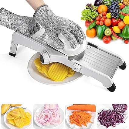 VEKAYA Mandoline Food Slicer, Mandoline Slicer for Kitchen, Vegetable Chopper with Waffle Fry Cutter & Cut-Resistant Gloves, Adjustable Vegetable Slicer, Mandolin French Fry Cutter for Potato (White)