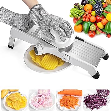 VEKAYA Mandoline Food Slicer, Mandoline Slicer for Kitchen, Vegetable Chopper with Waffle Fry Cutter & Cut-Resistant Gloves, Adjustable Vegetable Slicer, Mandolin French Fry Cutter for Potato (White)