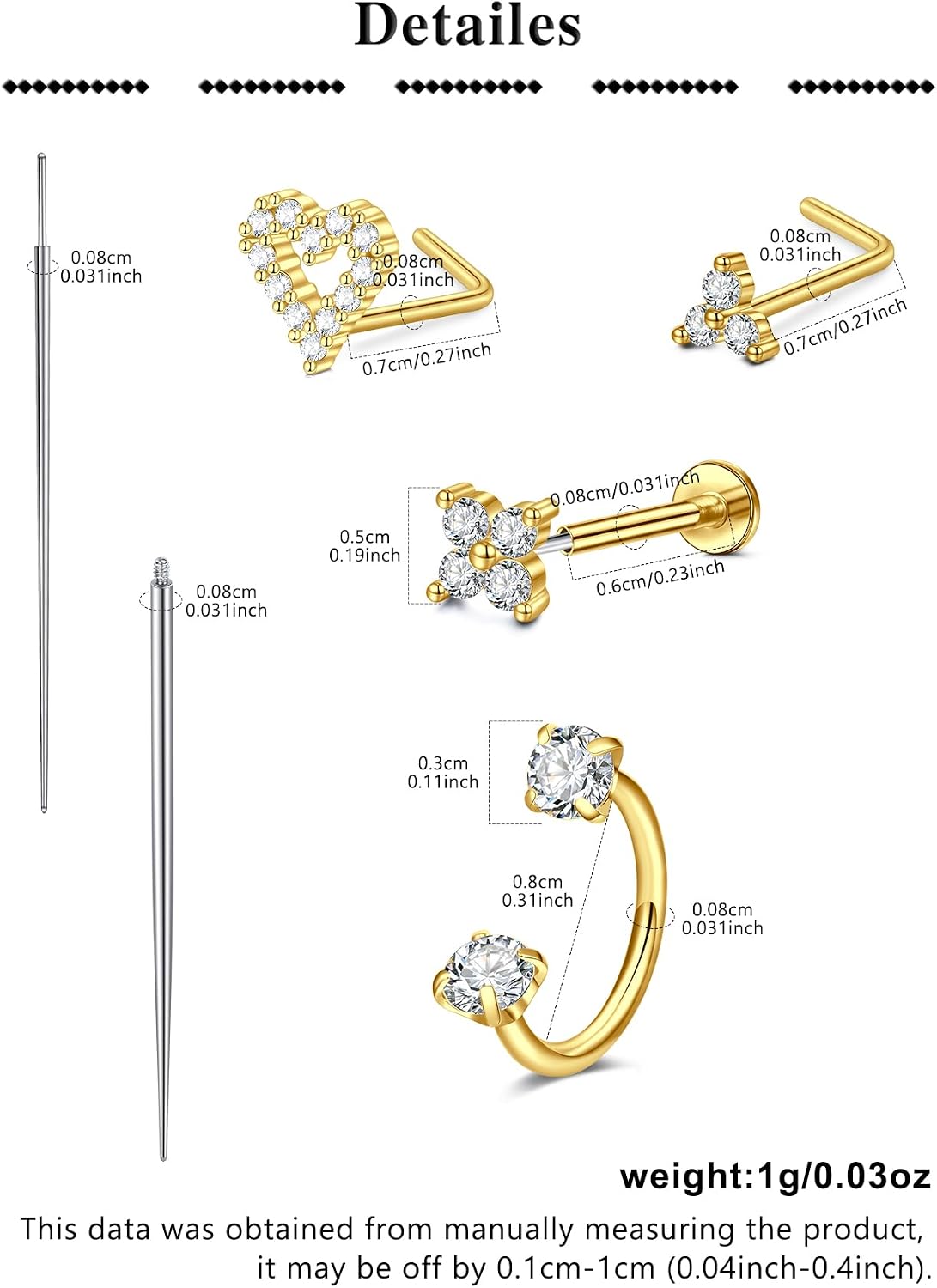 QWALIT 18g & 20g Nose Rings & Hoops - L & C Shape Studs - Surgical Stainless Steel & Silver Nose Piercing Jewelry - Rose Gold & Black - For Women & Men