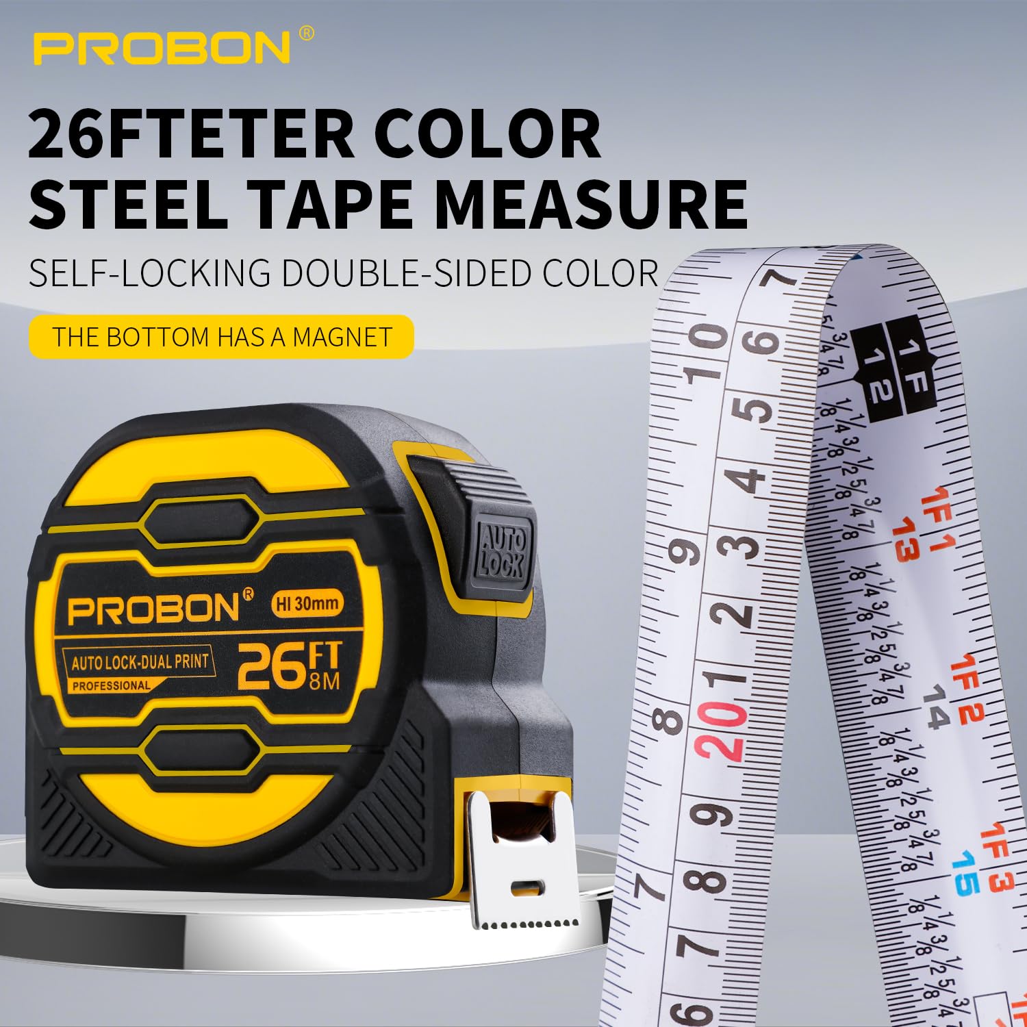 26-Foot Steel Retractable Tape Measure with Big Fractions,Easy Read,Auto-Locking Blade,Double-Sided Nylon Coated Tape with Bottom Magnet