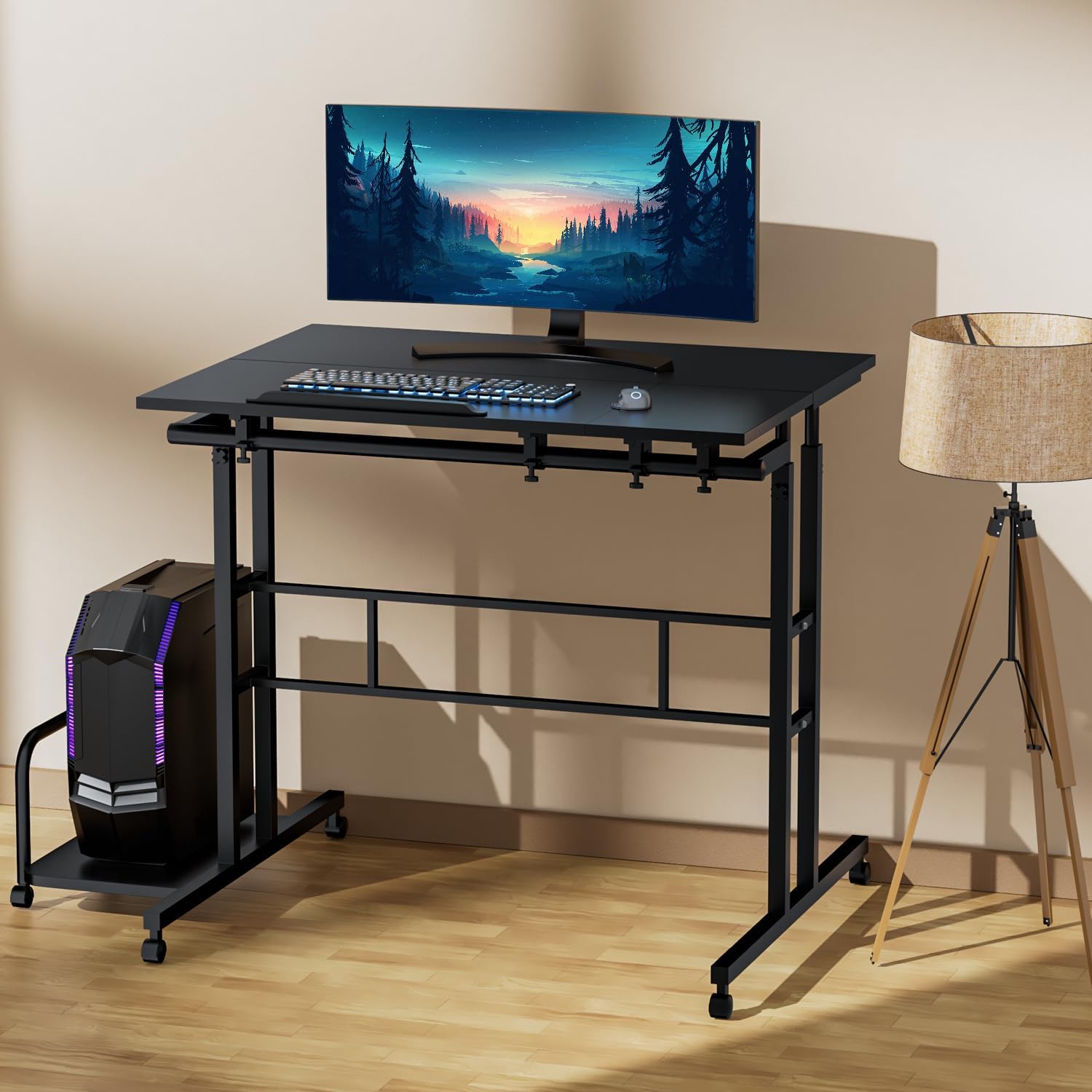 Magshion Standing Desk with Wheels, Height Adjustment from 28" to 45" Sit to Stand Up, Mobile Computer Desk, Rolling Laptop Cart for Home Office Walking Pad Writing and Gaming, Black