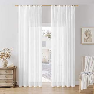 Softalker Gardinen Stangendurchzu Vorhänge Weiß in Leinen-Optik Voile Vorhang Durchsichtig Gardine schal 200 cm Hoch für Schlafzimmer Fenster Vorhang 140 cm Breit, 2er Set