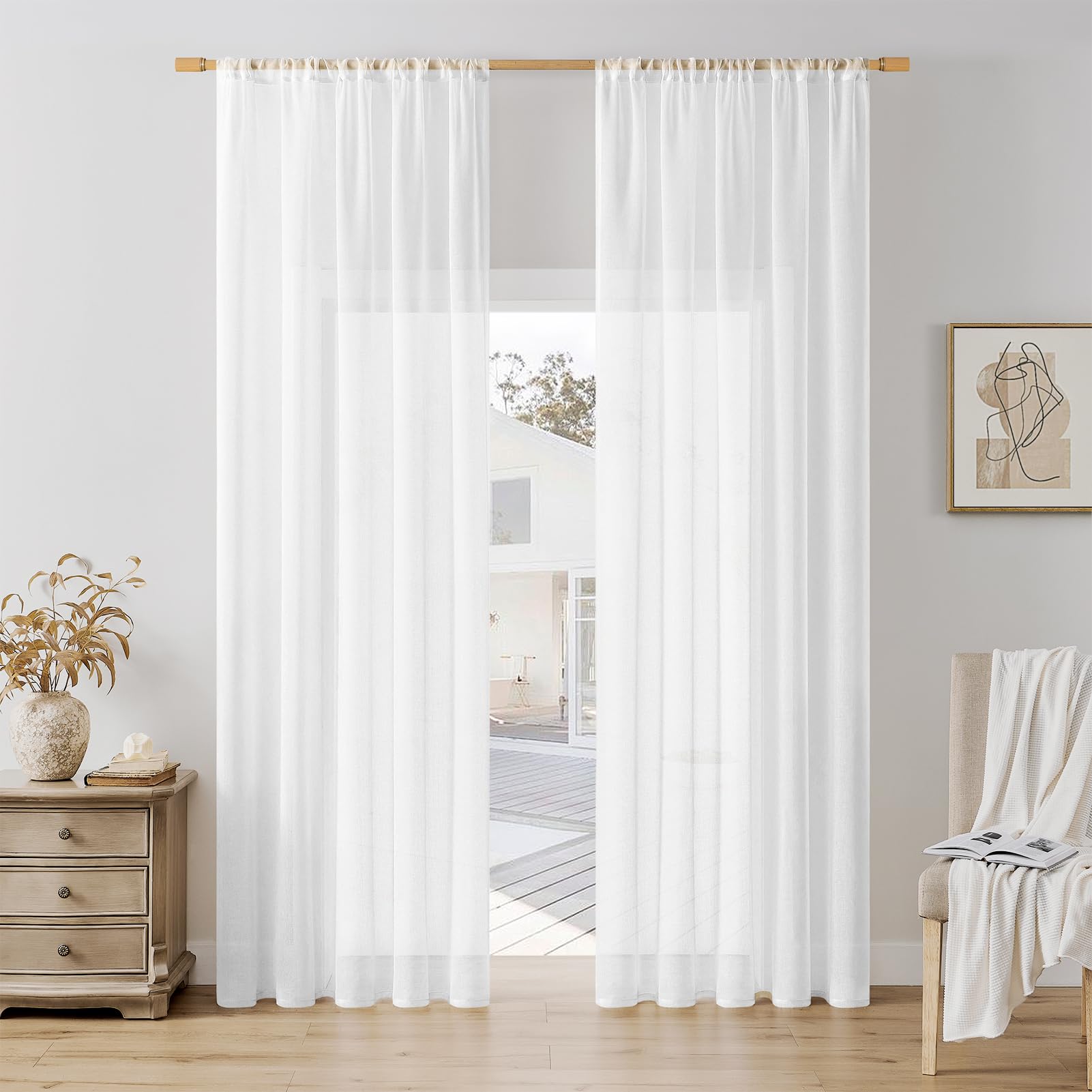 Softalker Tende a passante per bastone Tende Bianche effetto lino Voile Tenda Trasparente Tenda sciarpa 200 cm di altezza per camera da letto finestra Tenda 140 cm di larghezza, set da 2 pezzi