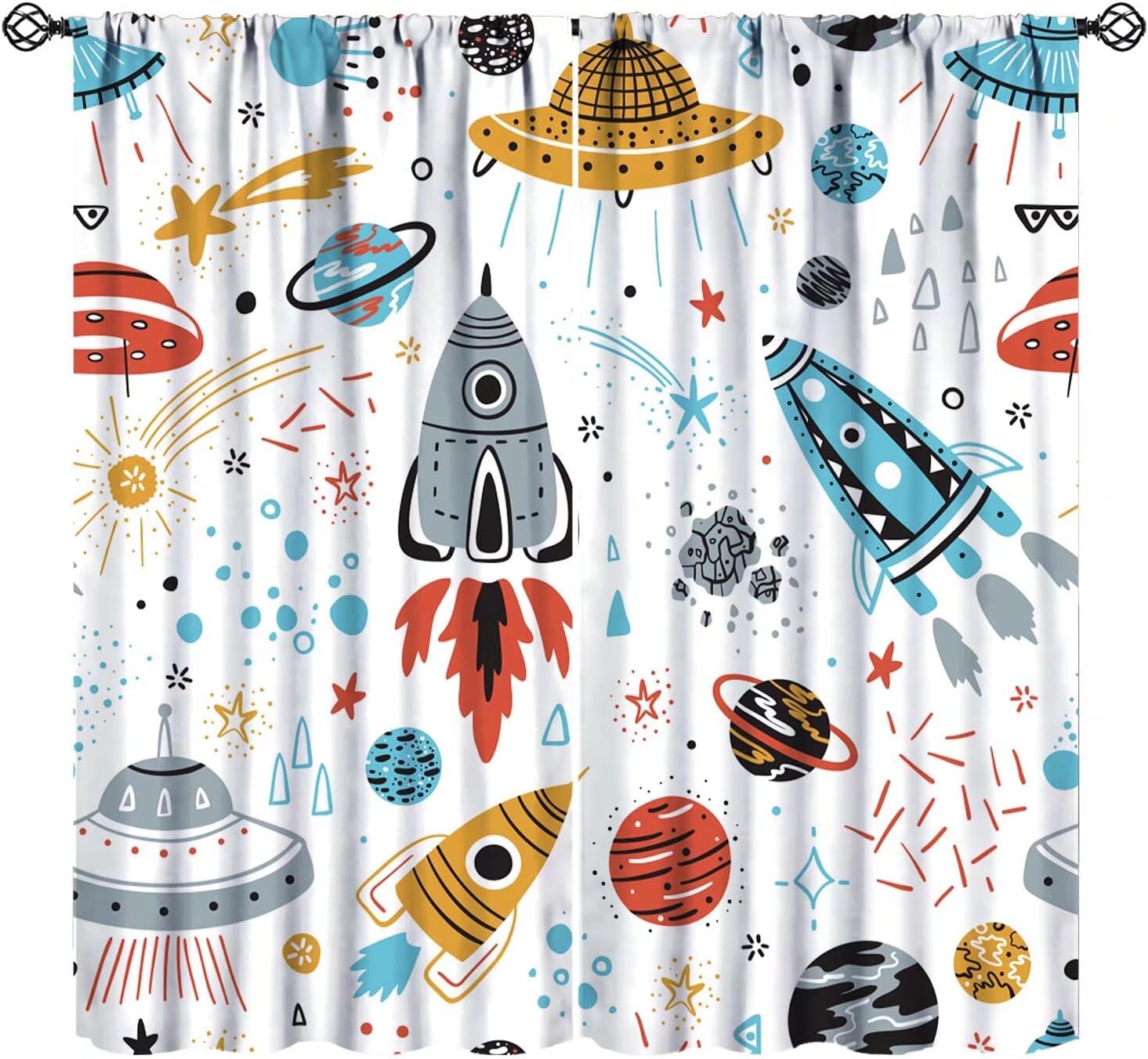 Space Rocket Kids Curtains, Cartoon Outer Space Rockets Planets Stars Comets Universe Adventure Print Window Treatments for Boys Bedroom Living Room, 42x45in (No Blackout)