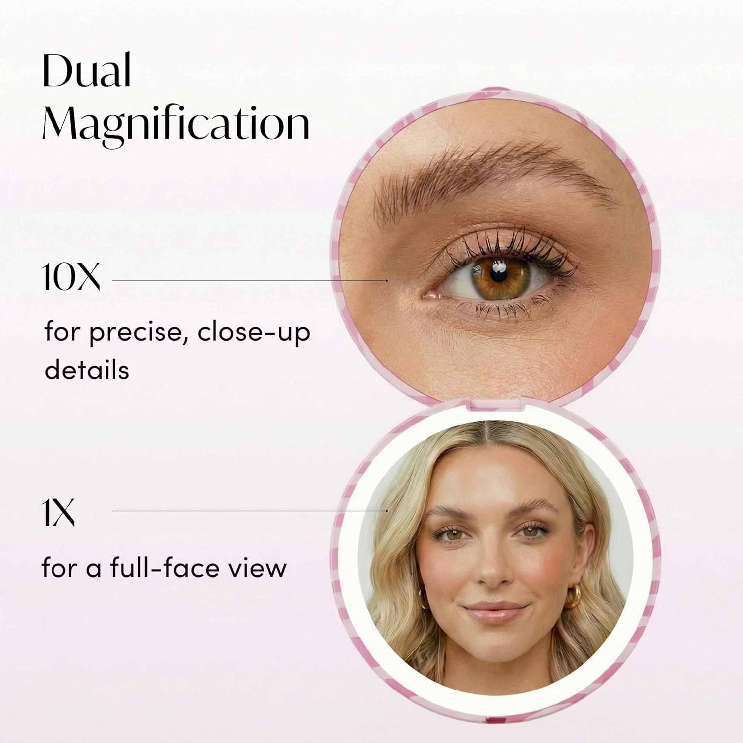 Fancii Mini Taylor Compact Magnifying Mirror with LED Light, 10x/1x, Rechargeable, 3 Light Settings, Dimmable - Small Lighted Travel Handheld Mirror for Pocket, Handbag, Purse, 2-Sided (Blush Zebra)