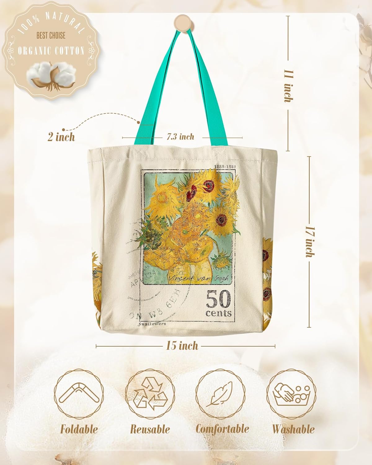 Aesthetic Heavy Canvas Tote Bag - with Pocket for Women Large Size 14''×16''×3.5'' Cloth Cotton Bags for Shopping - Image 4