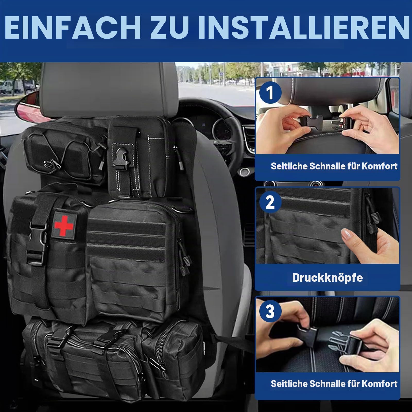 Taktischer Autositz-Organizer 600D Oxford wasserdicht mit 5 abnehmbaren Taschen Rückenlehnenschutz für Autos SUVs LKW