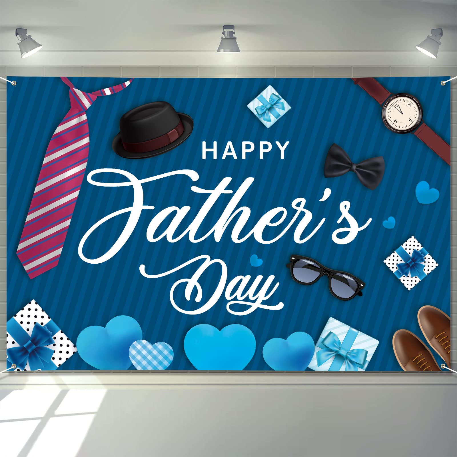 Arosche Large Fathers Day Banner Decorations 72" x 48" Happy Father's Day Backdrop Blue Hearts Gifts Tie Party Supplies Gifts Photography Background for Indoor Outdoor Garden,Yard,Home Decor