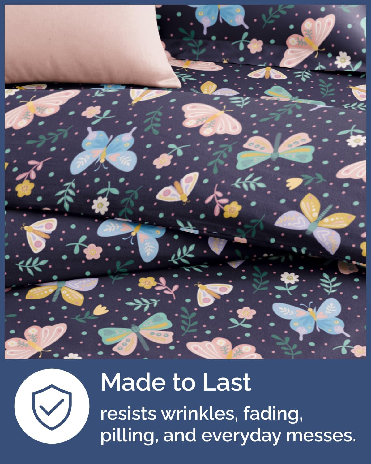 Kids Duvet Cover Set Twin/Twin XL Size - 2 Piece Butterfly Duvet Cover Set & 1 Pillow Sham with Zipper Closure & Ties - Easy-Care & Fade Free - Soft, Cute & Cozy Bedding Set for Kids, Girls and Teens