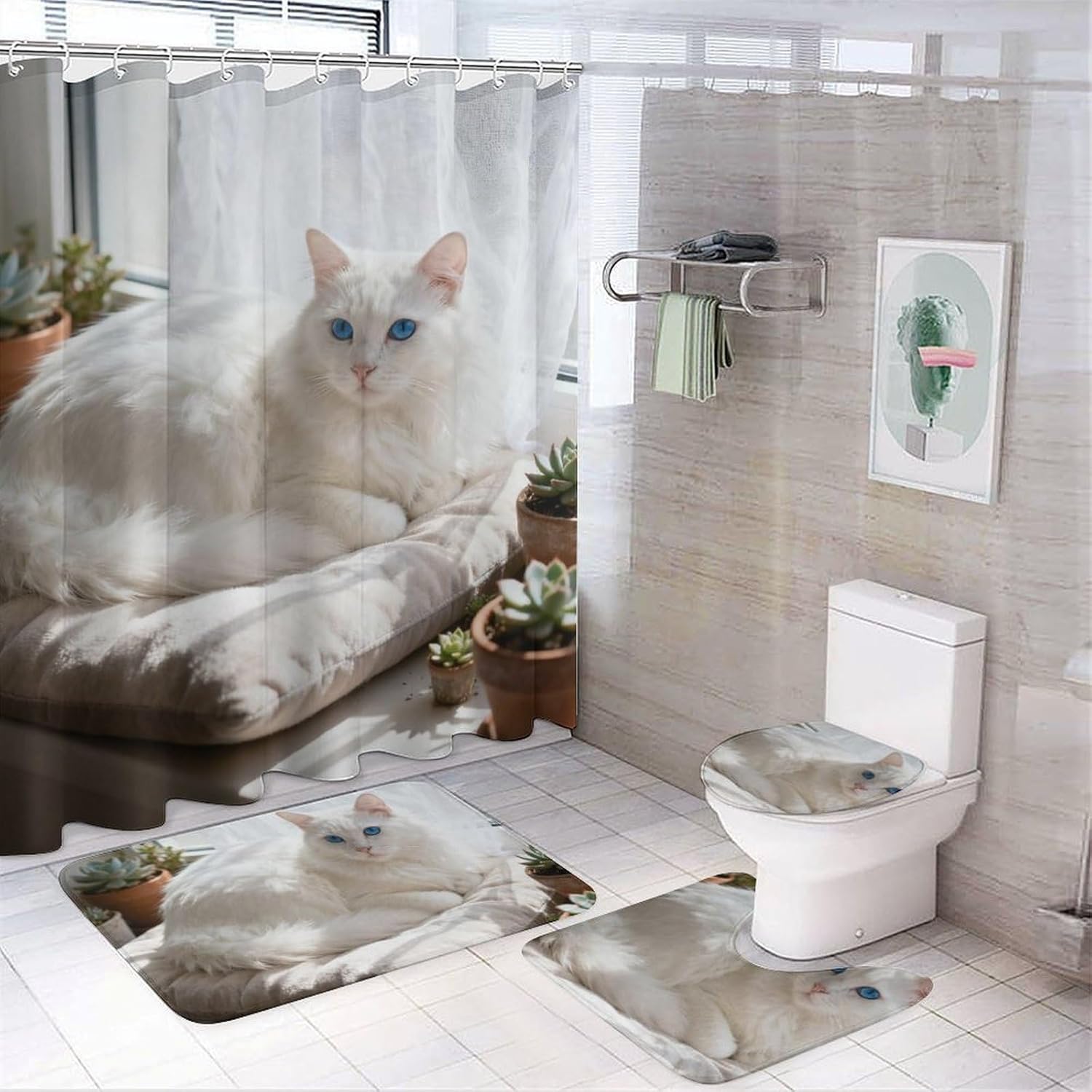 4 Piece Bathroom Rug Set with Shower Curtain, Non-Slip Bath Mat Toilet Cover Set, Cute Cat Bathroom Rug Sets