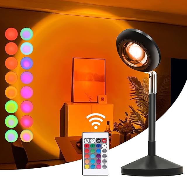 Lullabala Sunset Lamp, 180 Degree Rotation Sunset Light Projector 16 Colors Romantic Visual Mood Lighting Lamp with Remote for Photo/Selfie/Bedroom Decor