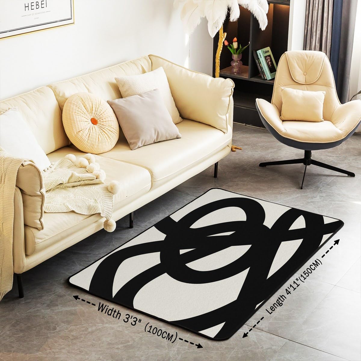 Kids Abstract Area Rug 5x7 Beige and Black Decor Carpet for Boys Girls Teens Modern Art Living Room Rugs for Bedroom Geometric Indoor Floor Mat Soft Non-Slip