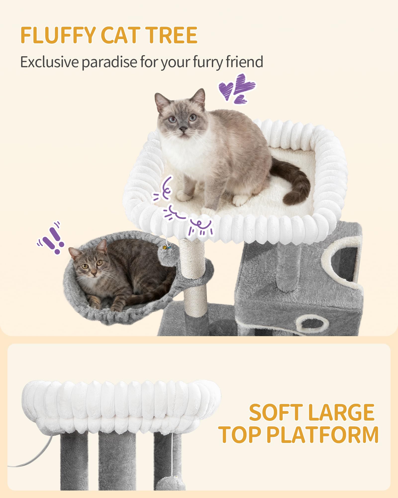 Hzuaneri Árbol para Gatos 98 cm, Rascador para Gatos con 3 Postes, Plataforma, 2 Cuevas, Cesta, Pompón, Multinivel, Gris Claro MS10118LG | Mueble de casa de gatos multinivel con poste rascador, 2 cuevas, plataforma grande, pompón, MS10118LG
