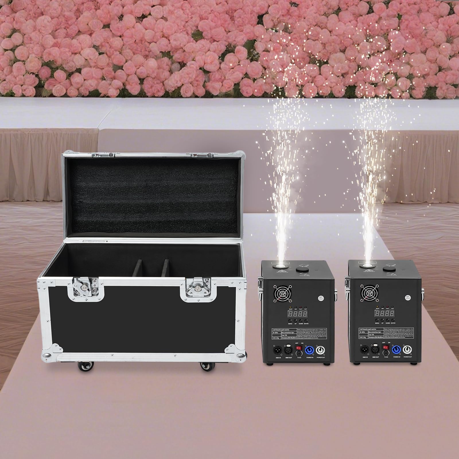 Set di 2 macchine pirotecniche con valigetta, 750 W, fuochi d'artificio freddi, DMX512 e telecomando, macchina da palcoscenico regolabile in altezza per matrimoni, feste, DJ, concerti, colore nero