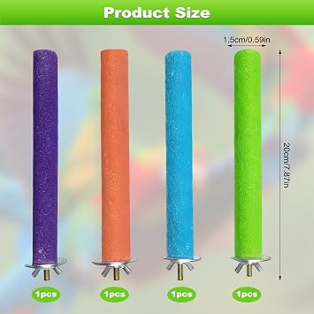 4 Pcs Parrot Perches, Birdcage Scrub Stand Bird Paw Grinding Stick, Wooden Paw Grinding Stick Stand for Bird Parrot Budgies Parakeet Cockatiels Conure Lovebird (Blue,Green,Orange,Purple, 20cm)